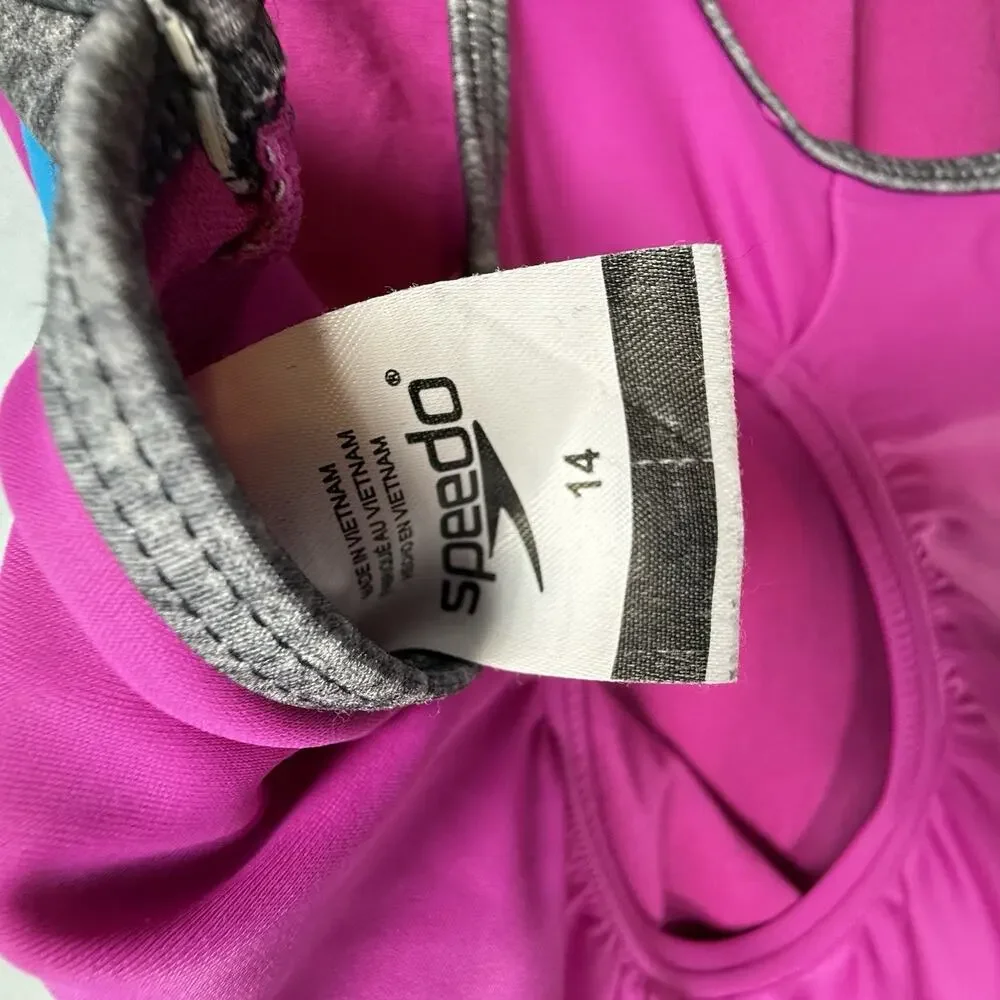 SPEEDO Girls SIZE 14 Fuchsia Pink Gray 1Piece Racerback Sporty Swimsuit Silicone